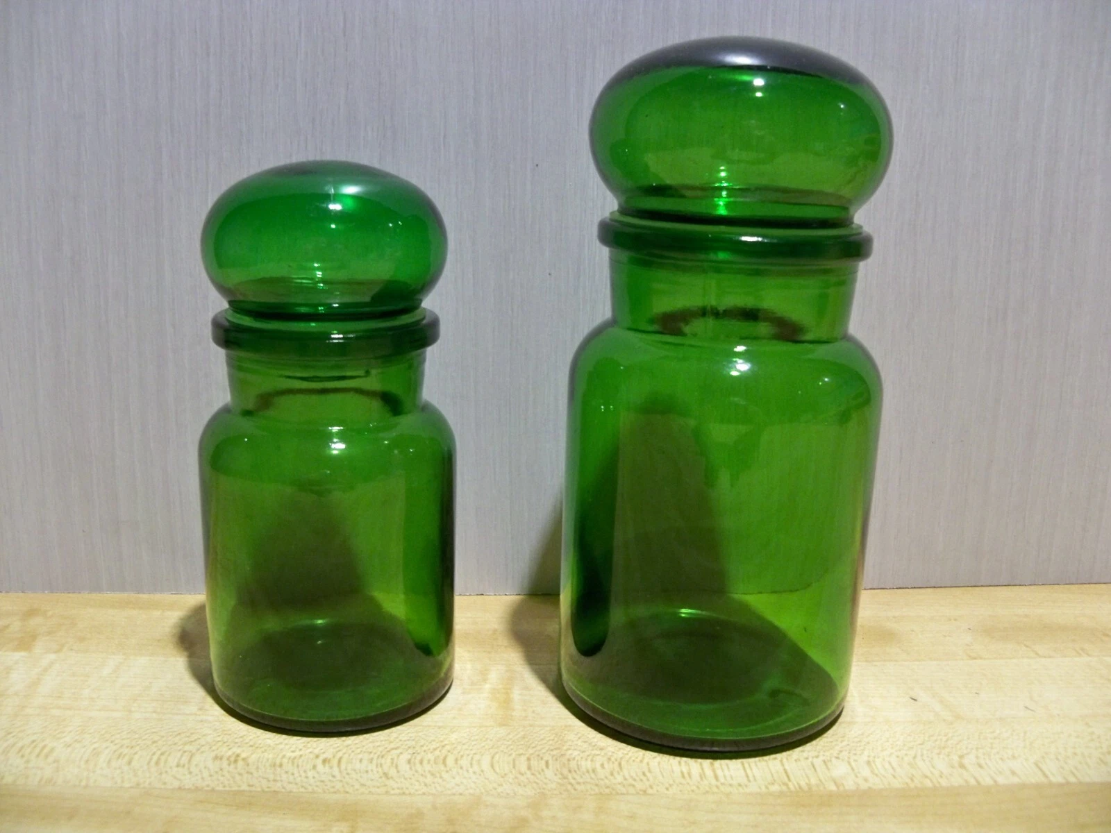 VTG Set Of 2 Green Glass Bubble Top Jar Apothecary Containers Made in Belgium