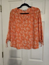 COLLECTIVE CONCEPTS Orange Floral Polyester Sheer Vneck Pullover Blouse Womens S