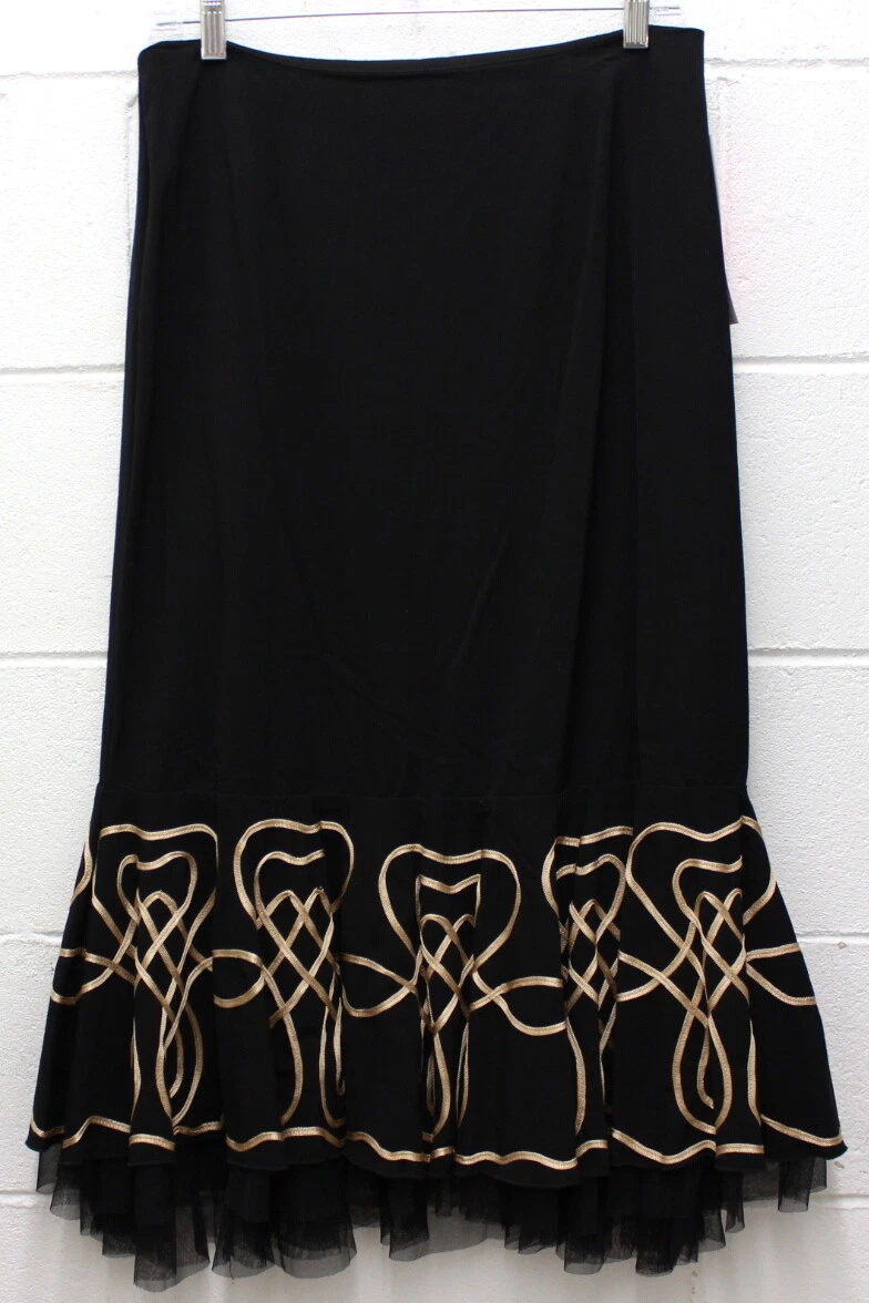 Sunny Leigh Ribbon Lace Tulle Mermaid Skirt Lined Back Zip Black Gold Size 8 New
