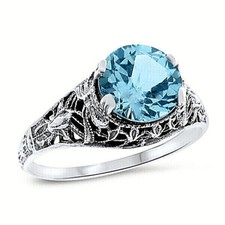 ANTIQUE STYLE GENUINE SKY BLUE TOPAZ 925 STERLING SILVER FILIGREE RING   977Z