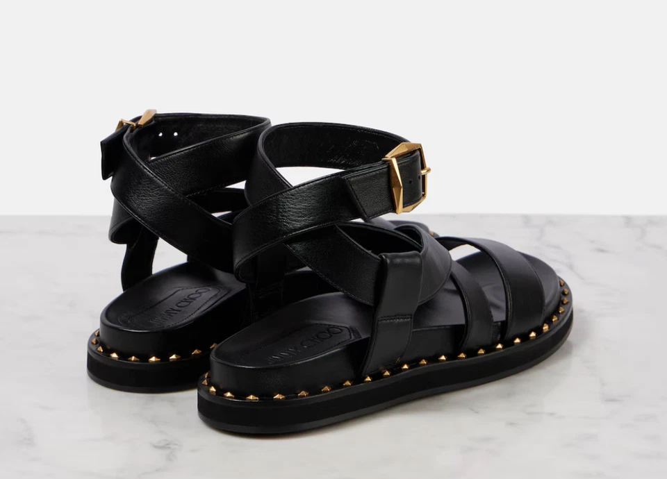 Sandalias Jimmy Choo Blaise para mujer 36,5/6 negras/doradas tachuelas correa en el tobillo cierre N Foto 2 de 3