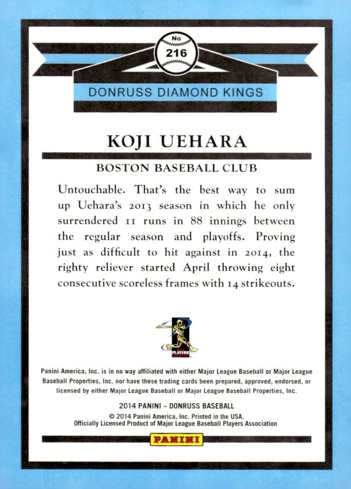 2014 Donruss #216 Koji Uehara - Image 2 of 2