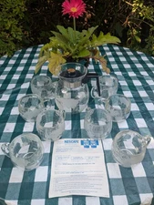VTG 70s Nestle Nescafe World Globe Etched Glass Coffee Pot with 8 Mugs Set