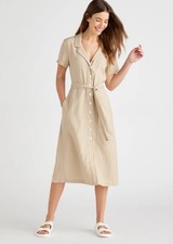 Quince Linen Shirt Dress Beige Button Down Short sleeve Minimalist Linen Midi  M