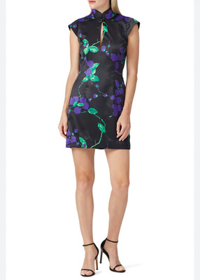 Milly Women's Black Floral Mini Sheath Dress Cap Sleeves Size 8