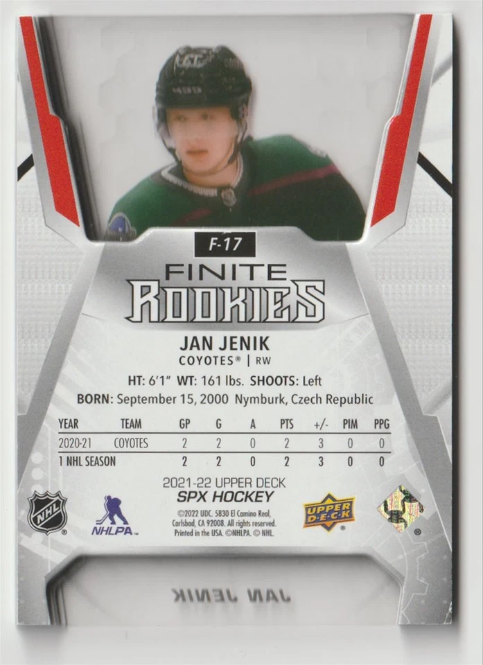 2021-22 SPX FINITE ROOKIES GOLD JAN JENIK 055/299 ARIZONA COYOTES #F-17 - Image 2 of 2