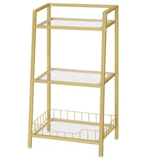 Gold Glass Shelf Stand, 3 Tier Standing Shelf Unit, Bathroom Organizer and St...