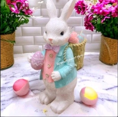 14'' Easter Bunny Rabbit w/ Basket of Eggs Pink Pastel Sparkly Spring Decor NEW