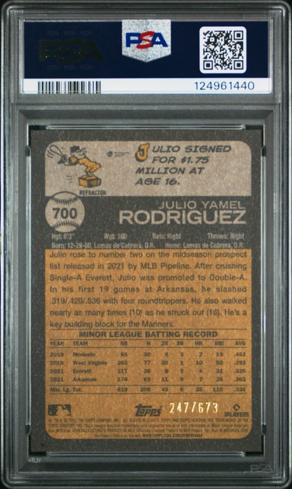 Julio Rodriguez PSA 9 2022 Topps Heritage /673 Chrome Refractor RC Rookie #700 - Image 4 of 4
