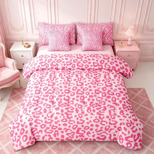 Cute Leopard Comforter Set - 7 Piece Queen Bedding for Teens in Pink Print