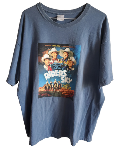 RIDERS IN THE SKY COMEDY Funny Cowboy Band T Shirt Full Graphic Blue Mens XL
