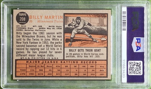 1962 Topps #208 ~ Billy Martin ~ Minnesota Twins ~ Fresh Grade PSA 5 Excellent! - Bild 2 von 2