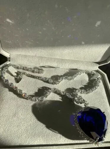 26 Ct Simulated Sapphire Titanic Heart Of The Ocean Necklace 14k White Gold Over - Picture 6 of 11