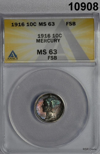 1916 MERCURY DIME 1ST YEAR! ANACS CERTIFIED MS63 FSB RAINBOW COLORS WOW #10908