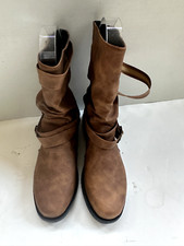 Women's Fall Faux Suede Leather Round Toe Pull on Block Heels Straps Ankle Boots