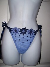 Frederick's of Hollywood Blue Vintage Thong Panties Medium Embroidery Flowers