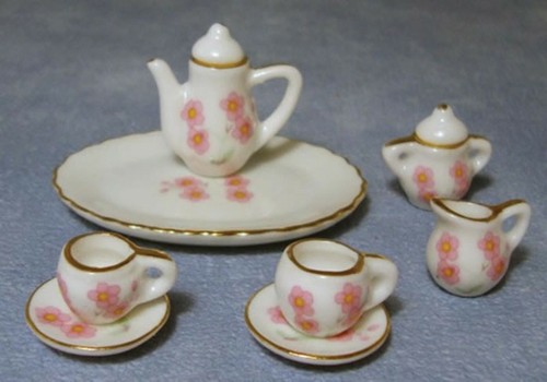 Ceramic 10 Piece Pink Flower Tea Set Tumdee 1:12 Scale Dolls House 1763 - Picture 2 of 3