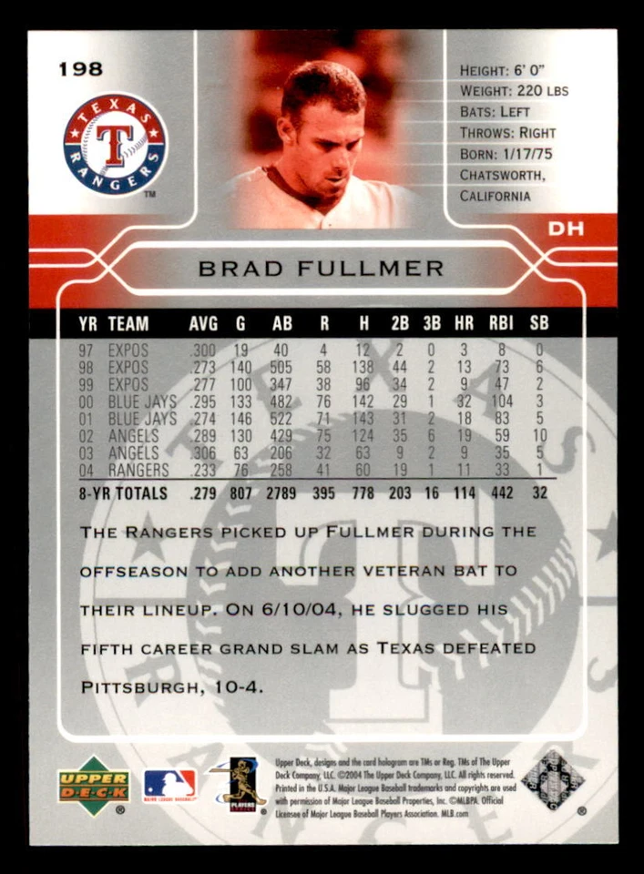 2005 Upper Deck  #198 Brad Fullmer Texas Rangers - Image 2 of 2