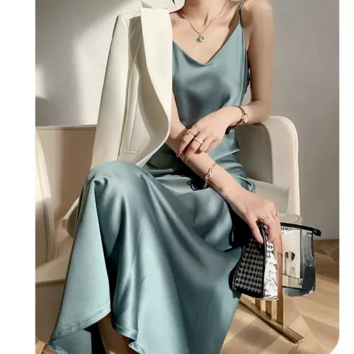 Damen Satin Kunst Seide Kleid Träger Unterkleid Nachthemd Sexy A-Linie Lang - Bild 4 von 12