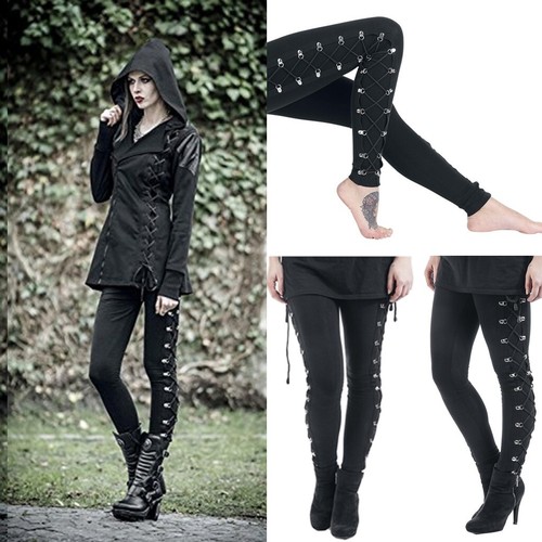 Womens Fashion Side Black Lace Up Leggings Skinny Trousers Gothic Punk Pants US