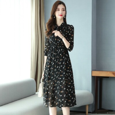 Women Floral Printing Chiffon Dress A-Line Korean Fashion