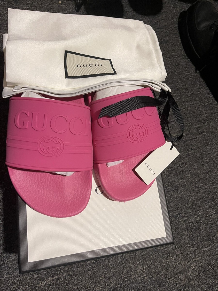 Gucci Auth Men G9 Pink Rubber Logo Slipper Slides Sandals Flat
