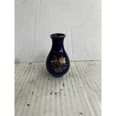 Vintage Brinn's Cobalt & Ceramic Asian Bud Vase Blue Flower Design Gold Rim 4 In