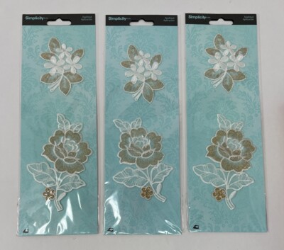 Lot Of 3 Packs Simplicity Gold White Clear Bead Flowers Iron-On Applique Patches