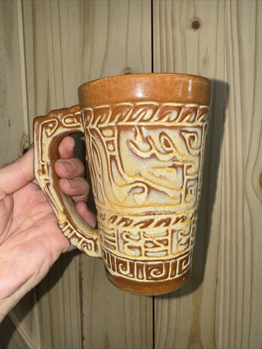 FRANKOMA Mayan Aztec Brown Grand 5" Pottey Mug Embossd Glaze WL 12 oz