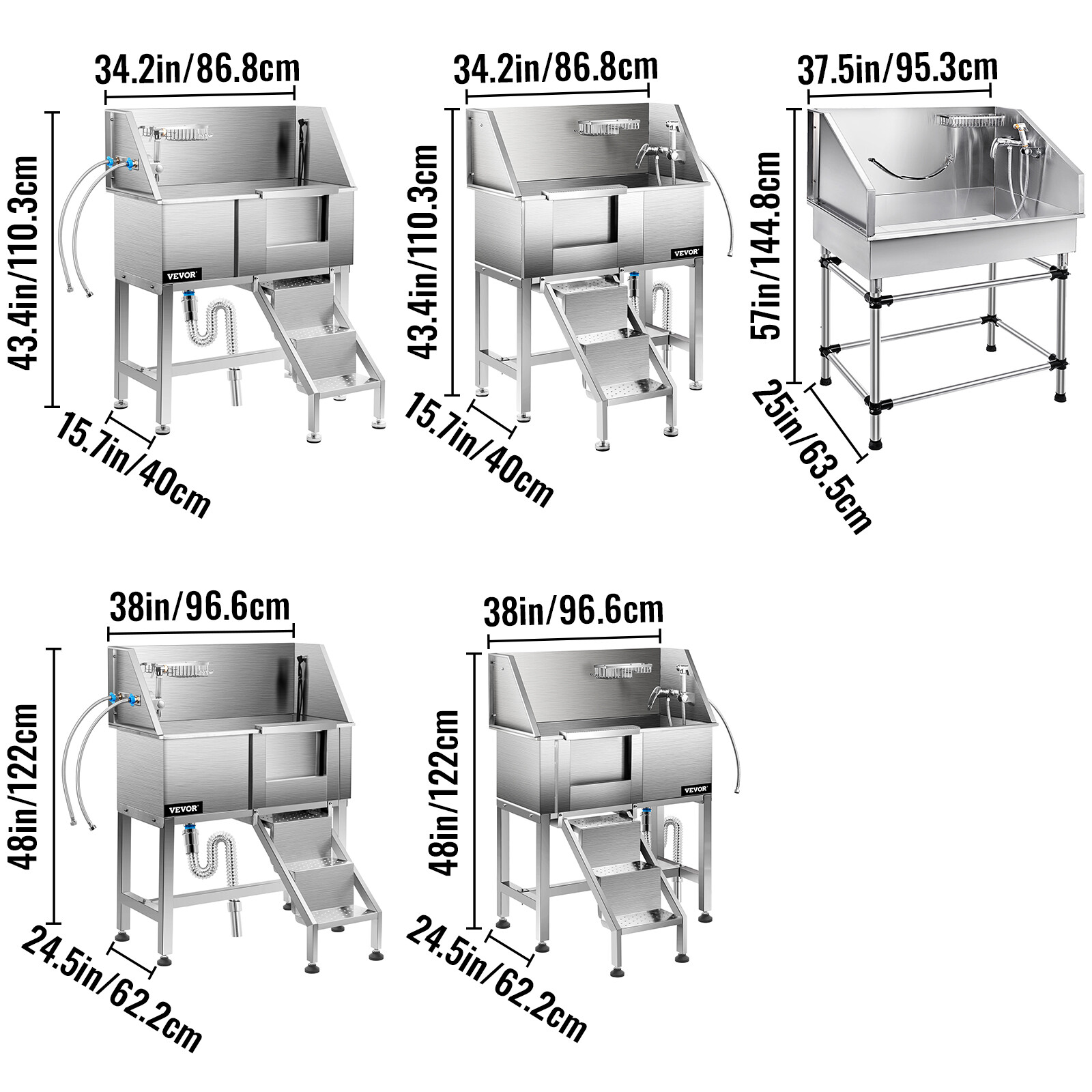 VEVOR Pet Grooming Bath Tub Dog Wash Tub 38"/34" Stainless Steel Shower