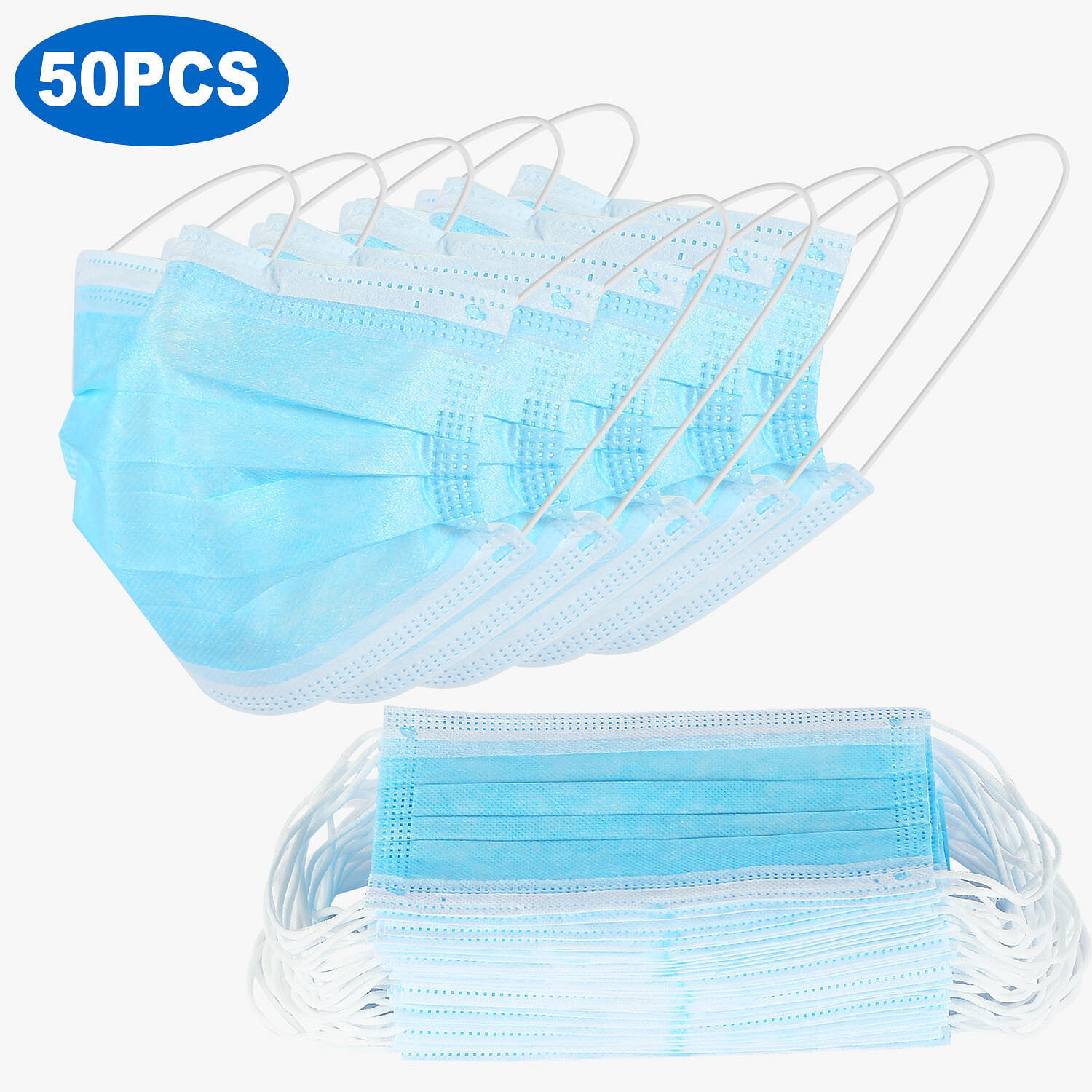 50Pcs 3-Layer Disposable Face Masks with Elastic Earloop and 95% Melt-Blown Filter for Safety