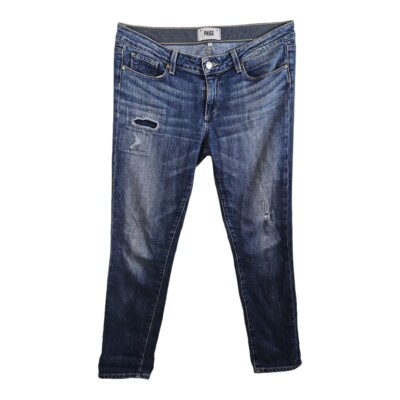 Paige Skyline Ankle Peg Jeans Distressed Patch Med. Blue Mid Rise 30