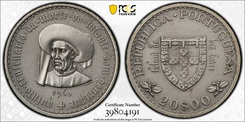 1960 Portugal Henry the Navigator 20 Escudos PCGS MS64 Matte Proof