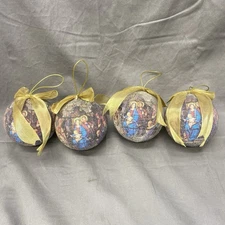 4 - Vintage Sugared Glitter Beaded Nativity Christmas Ornament Round 3.5"