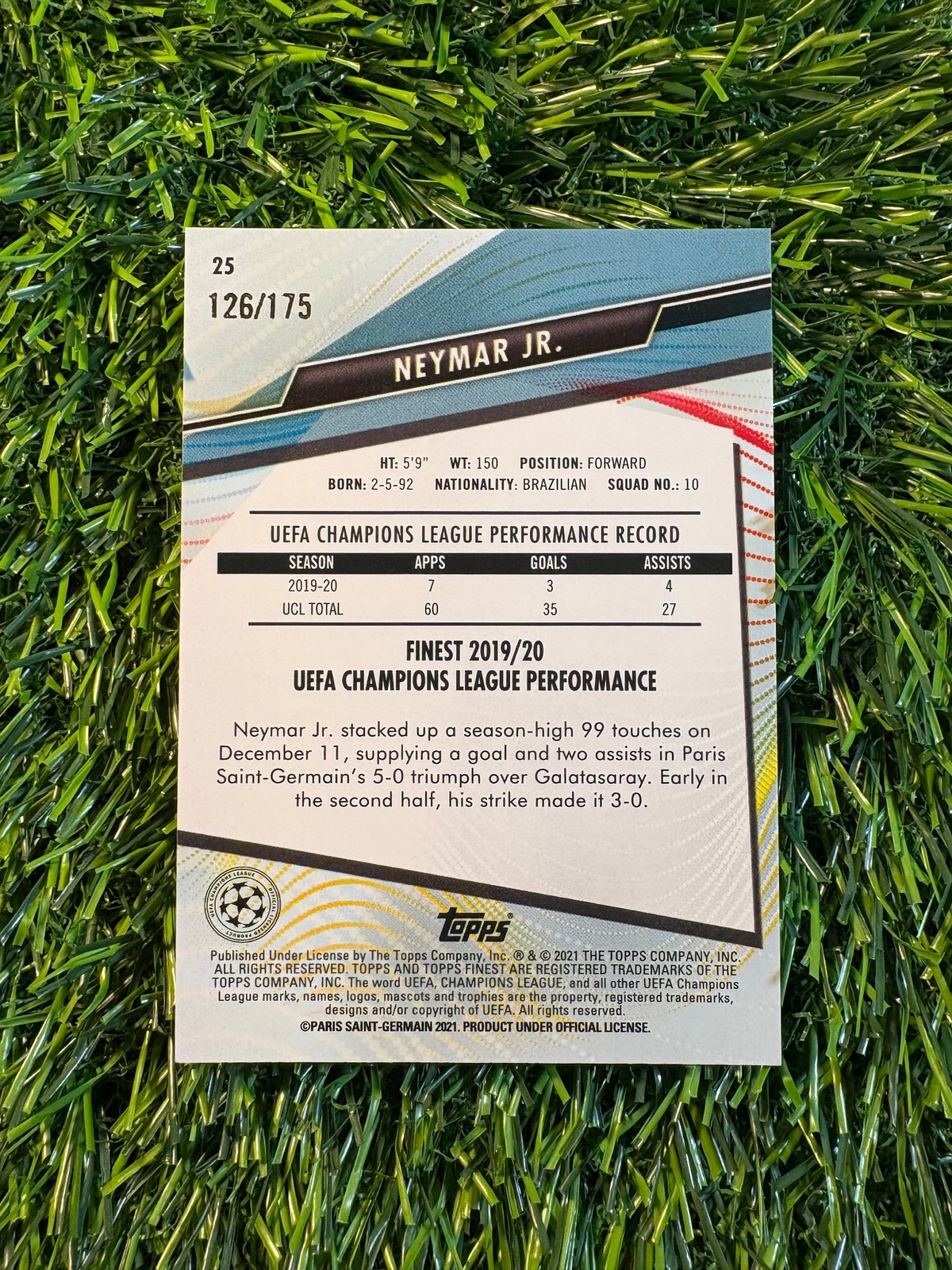 2020-21 Topps Finest UCL #25 Neymar Jr. Speckle Refractor /175 PSG Brazil view 2