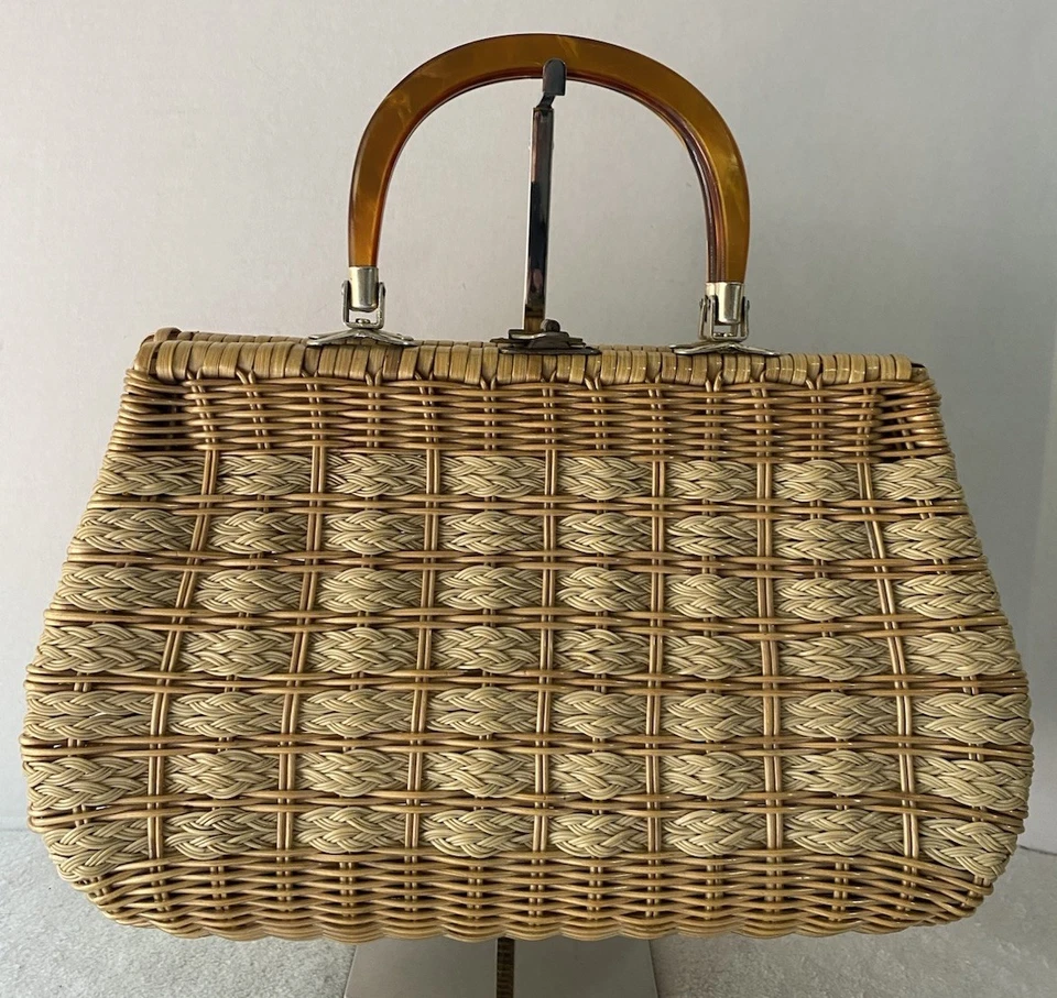 Bolso de Mano Tejido Vintage Años 50 60 Cartera Paja Plástico Cordón Asas Lucite Foto 2 de 4