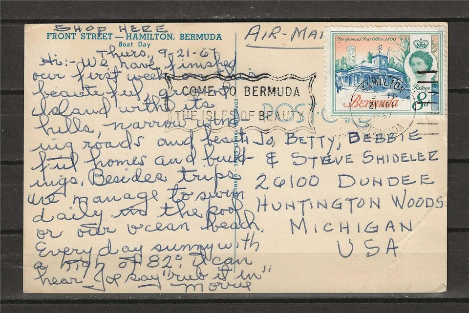 Tarjeta postal Bermuda Thuro 1967 a Steve Shidelez Huntington Michigan EE. UU. usada Foto 2 de 2