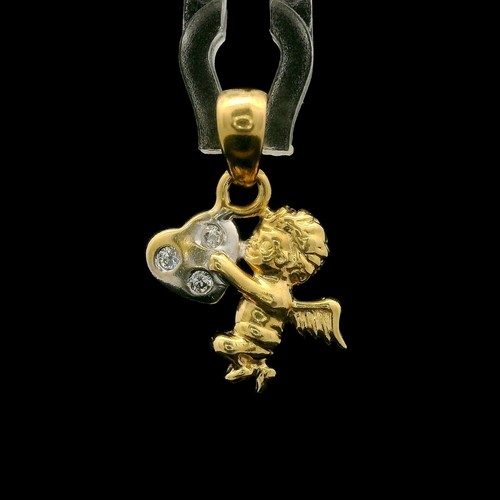 14k Yellow & White Gold Zircon Cherub Angel Holding Heart Charm Pendant - Picture 3 of 4
