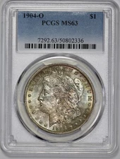 1904-O Morgan Silver $1 Dollar PCGS MS 63 Light Rainbow Toning