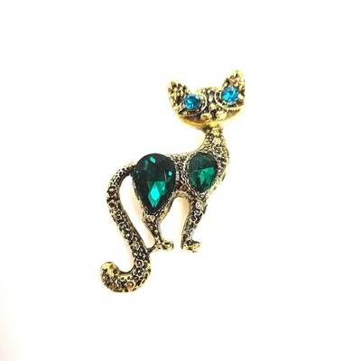 Gold Vintage Katze Brosche Geschenk für Katzenliebhaber Strass Katze grün Kristall Damen