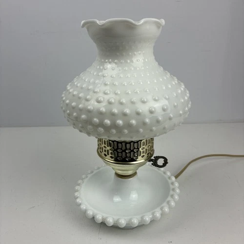 VTG Milk Glass Hobnail Night Stand Hurricane Electric  Lamp Works 11”