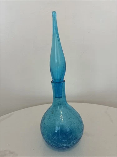 Blenko Crackle Glass Decanter With Stopper Turquoise Blue
