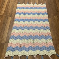 Handmade Crocheted Pink  Blue, white Homemade Blanket Afghan Throw 50x27