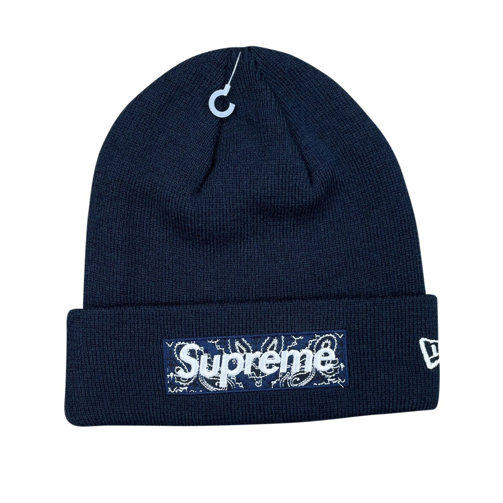 Bonnet bleu marine Supreme x New Era FW19 boîte bandana logo