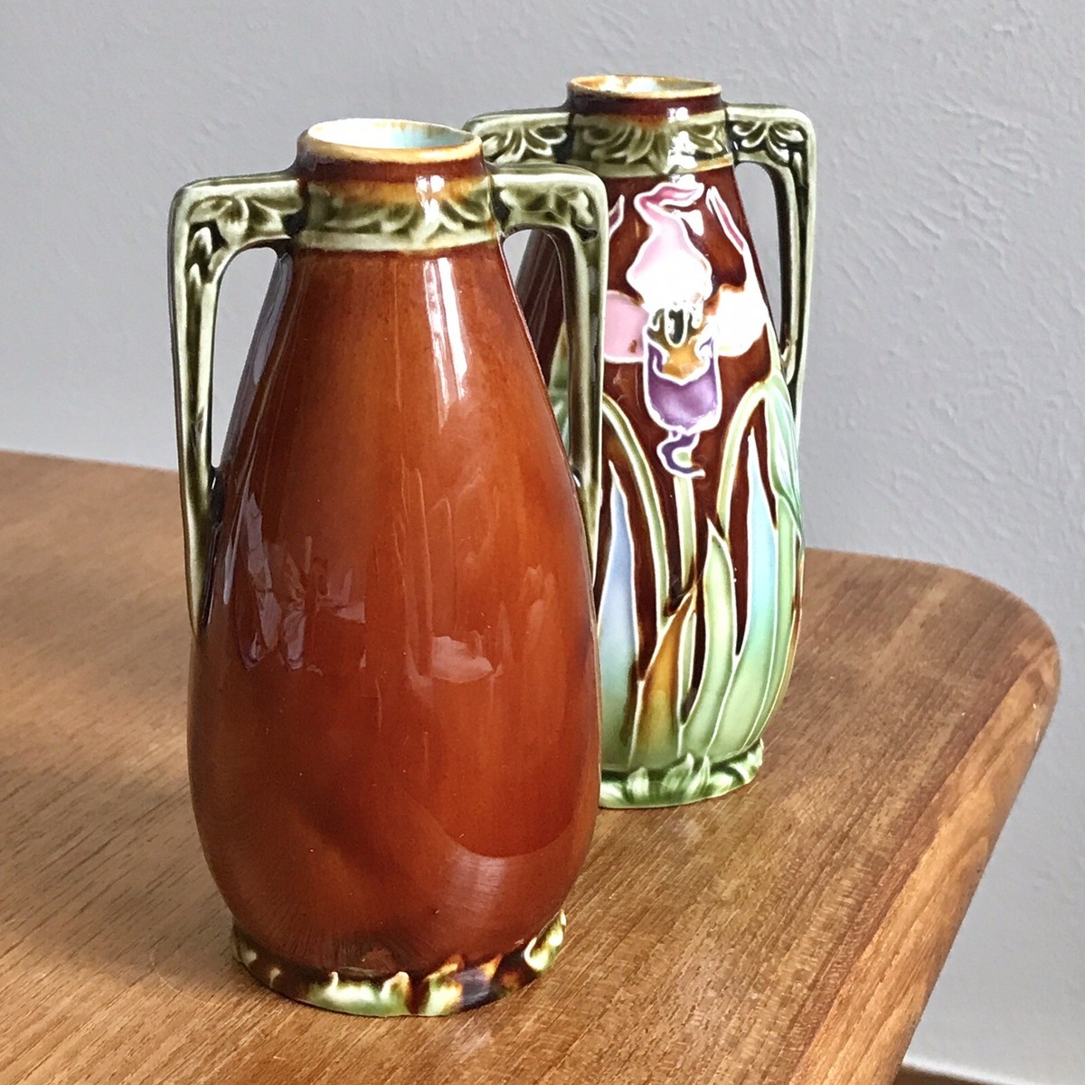 Pair Of Frie Onnaing French Majolica Vases Antique Art
