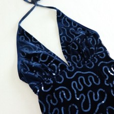 Gerry Shaw Vintage Dress Size 8 Blue Velvet Sequin Halter Plunged Babydoll Event