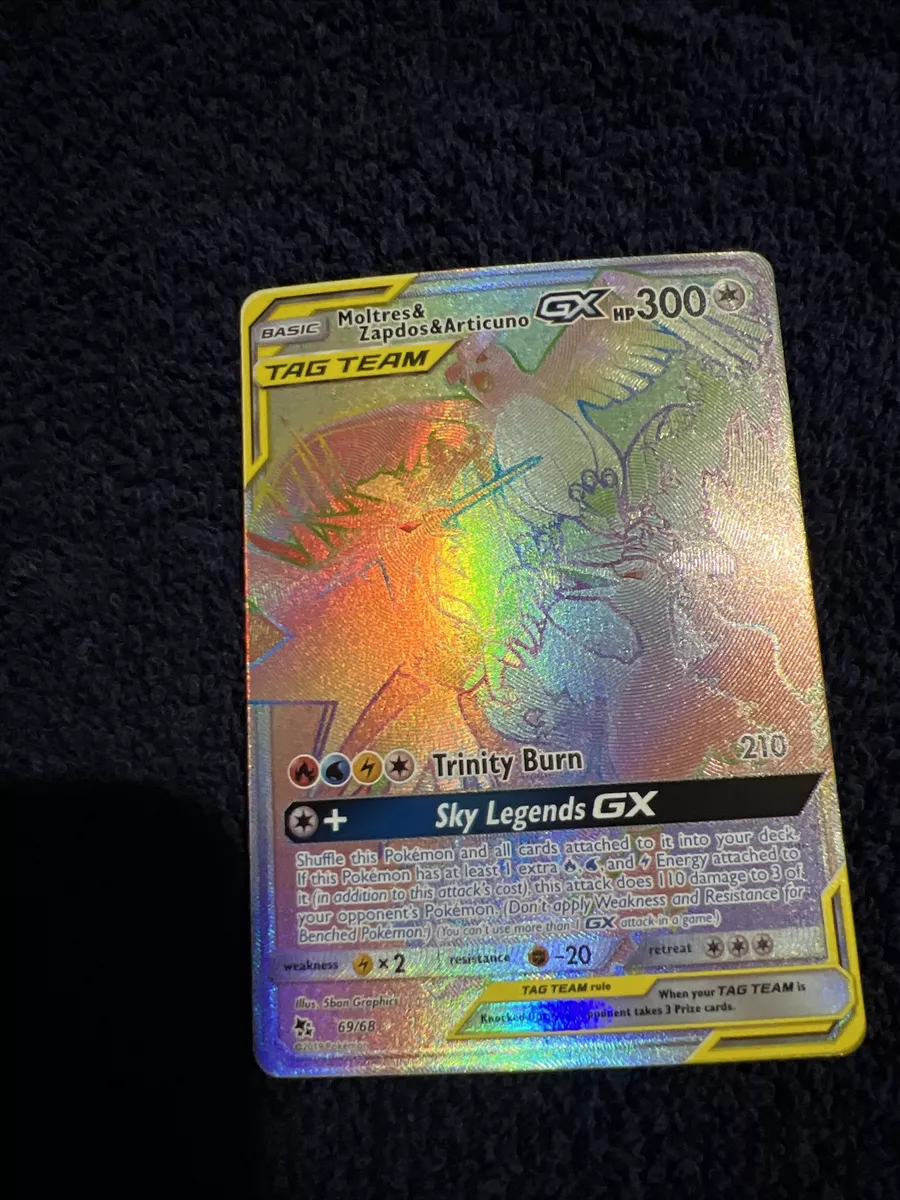 RAINBOW Moltres Zapdos Articuno GX SECRET RARE Pokemon 69/68 Tag Team Holo  - LP