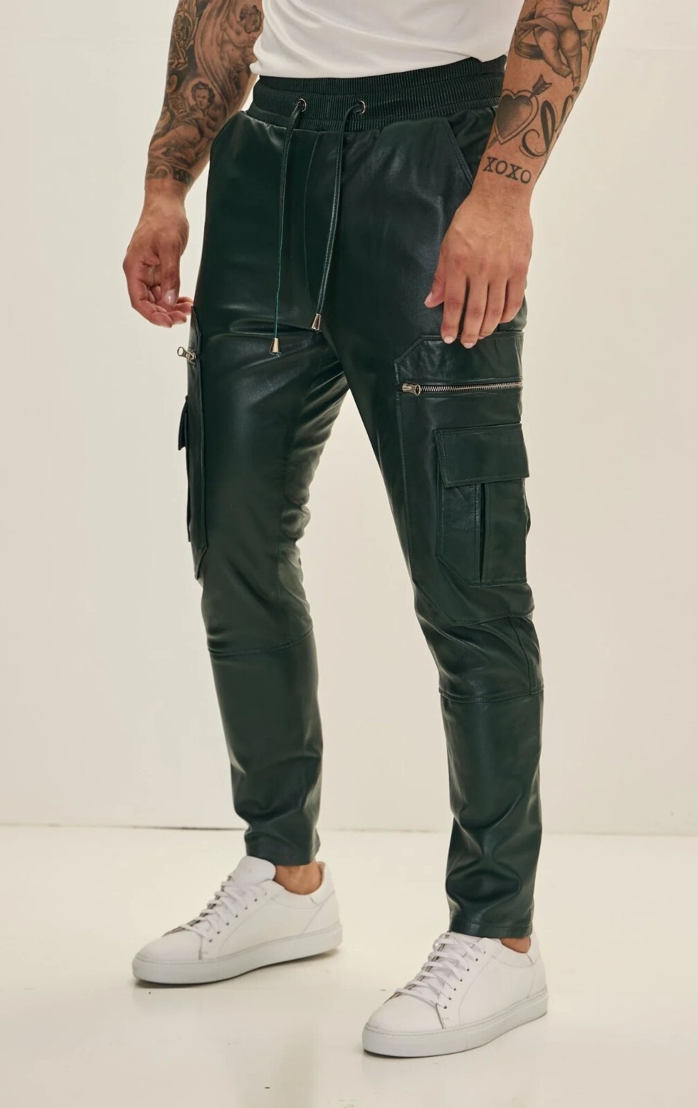 Men's Premium Soft Leather Joggers Green Drawstring Pants