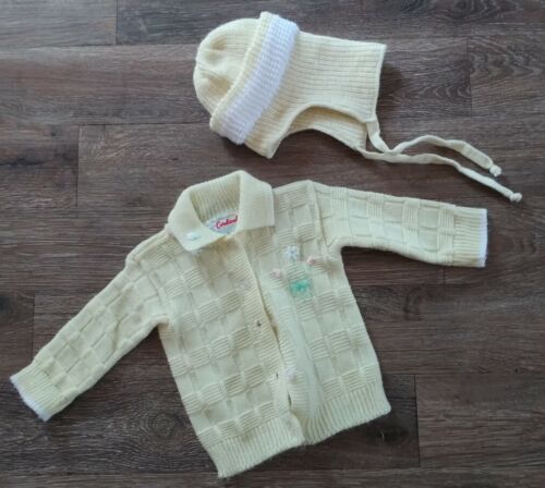 Vtg Cardinal Baby pale yellow Sweater flowers  w/ hat set 6 months  - Picture 1 of 6