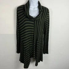 Joan Vass Womens Tunic Top Sz M Green Black Striped Artsy Modern Elevated Casual